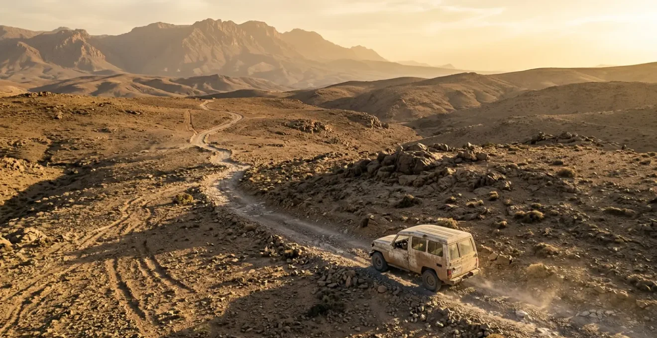 Vue plongeante sur un 4x4 traversant une piste caillouteuse au Maroc avec l'Atlas en arrière-plan