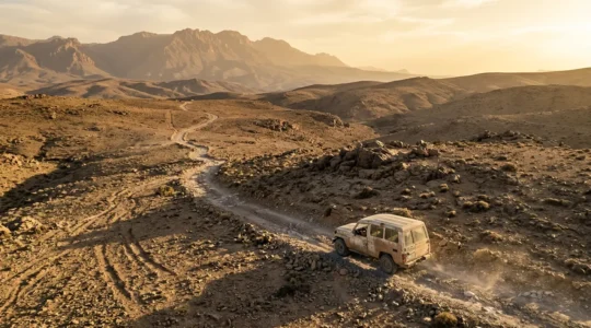 Vue plongeante sur un 4x4 traversant une piste caillouteuse au Maroc avec l'Atlas en arrière-plan