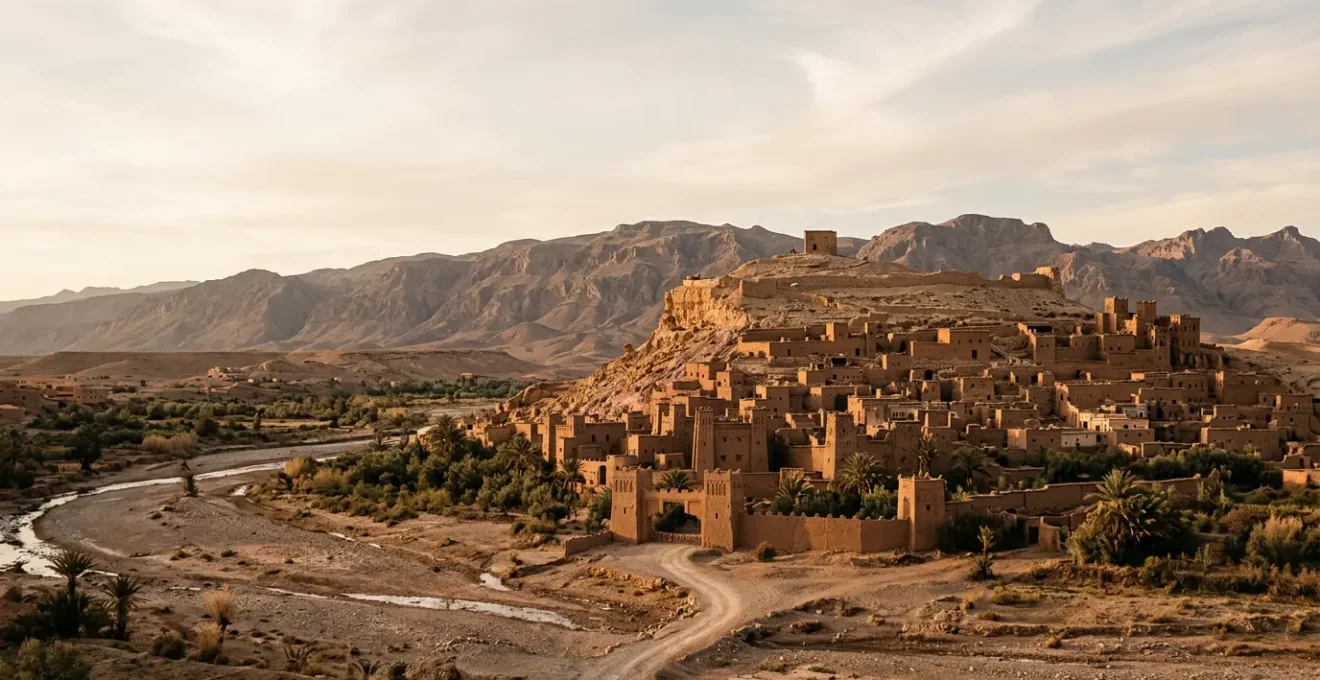 Vue panoramique du ksar d'Aït Ben Haddou au coucher du soleil avec ses tours en pisé et les montagnes de l'Atlas