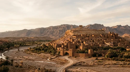 Vue panoramique du ksar d'Aït Ben Haddou au coucher du soleil avec ses tours en pisé et les montagnes de l'Atlas