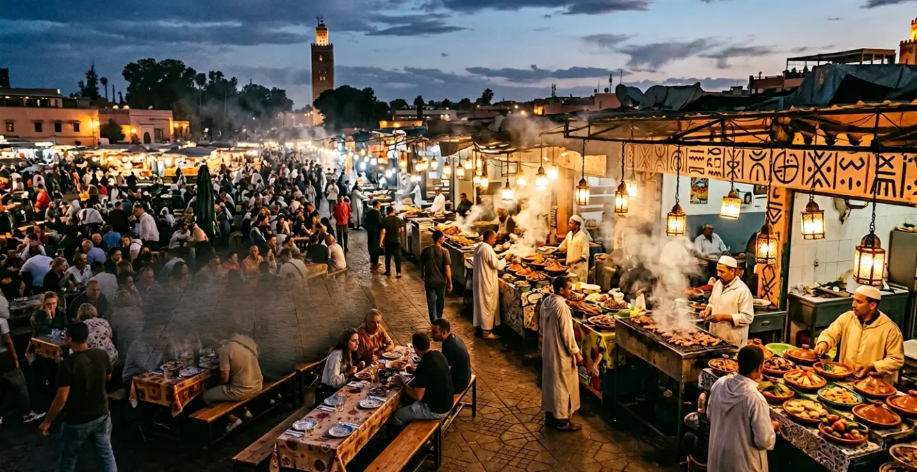 Vue immersive des stands de nourriture sur la place Jemaa el-Fna la nuit avec fumées et lumières des lanternes