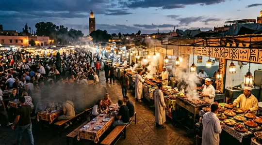 Vue immersive des stands de nourriture sur la place Jemaa el-Fna la nuit avec fumées et lumières des lanternes