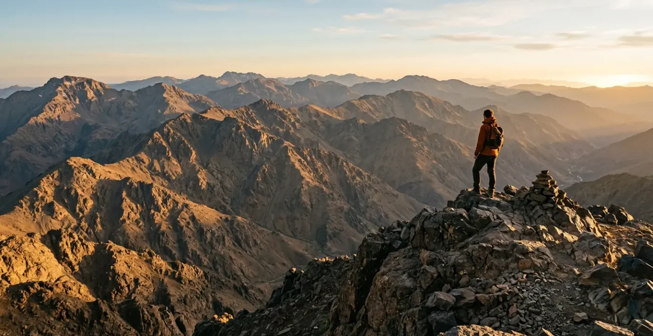 Vue époustouflante du lever de soleil depuis le sommet du Mont Toubkal avec les chaînes de l'Atlas s'étendant à l'horizon