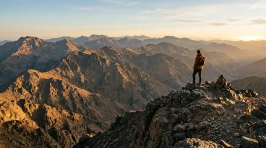Vue époustouflante du lever de soleil depuis le sommet du Mont Toubkal avec les chaînes de l'Atlas s'étendant à l'horizon