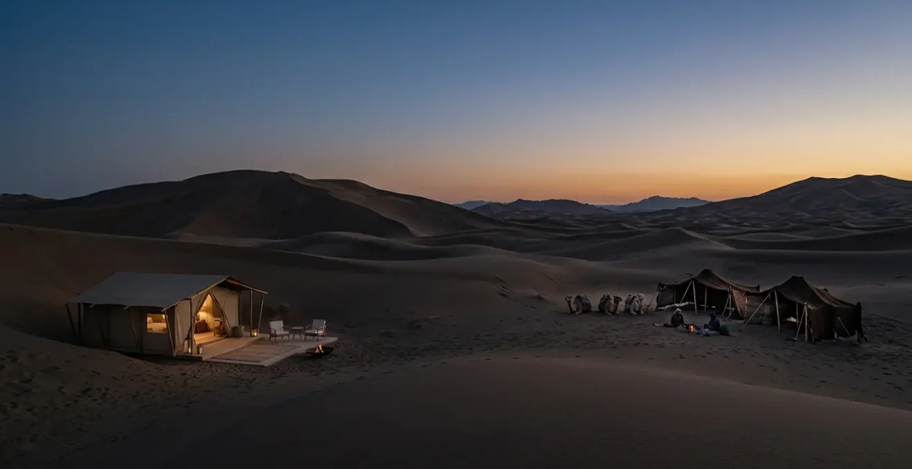 Contraste entre un bivouac de luxe et un campement nomade dans les dunes du désert sous un ciel étoilé