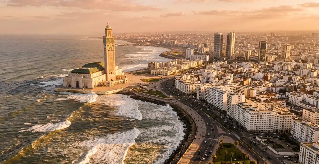 Vue aérienne de Casablanca montrant la mosquée Hassan II et la corniche au coucher du soleil