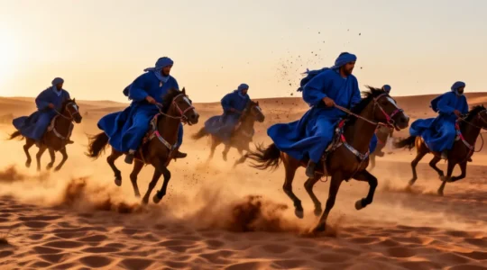 Cavaliers en tenues traditionnelles sahraouies lors du Moussem de Tan-Tan dans le désert marocain