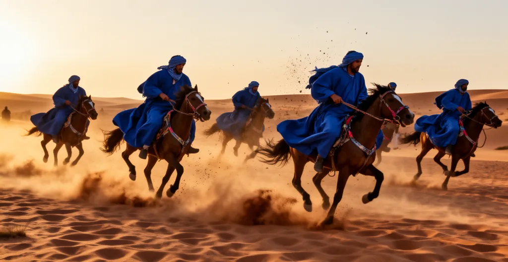 Cavaliers en tenues traditionnelles sahraouies lors du Moussem de Tan-Tan dans le désert marocain