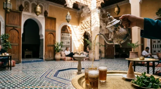 Cérémonie du thé marocain avec service traditionnel et verres à motifs dorés