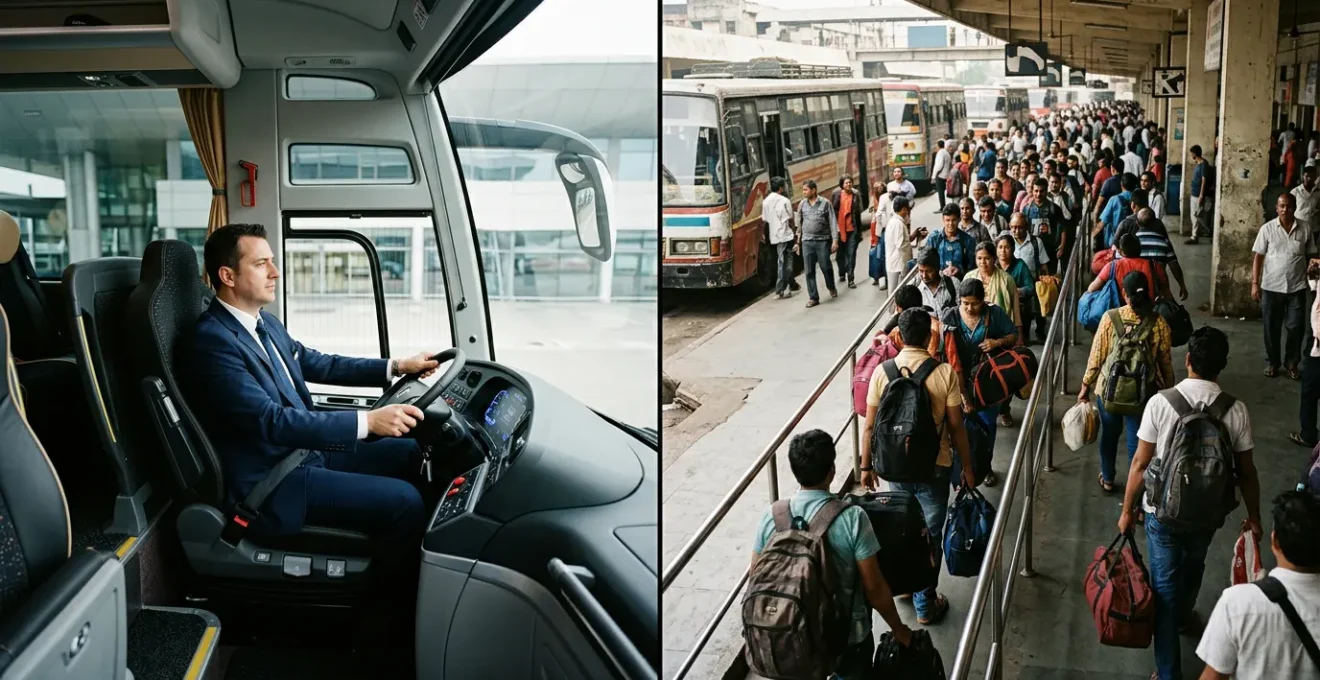 Vue intérieure d'un autocar moderne CTM avec sièges confortables et passagers détendus, contrastant avec l'organisation méthodique