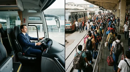 Vue intérieure d'un autocar moderne CTM avec sièges confortables et passagers détendus, contrastant avec l'organisation méthodique