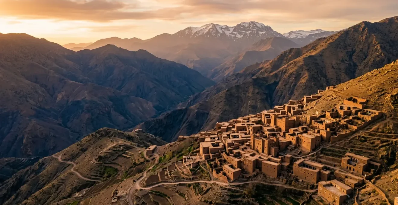 Vue panoramique d'un village berbère traditionnel du Haut Atlas marocain au coucher du soleil avec architecture en pisé