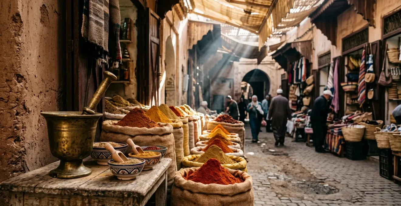 Épices Ras el-Hanout dans un marché marocain traditionnel avec des sacs de poudres colorées