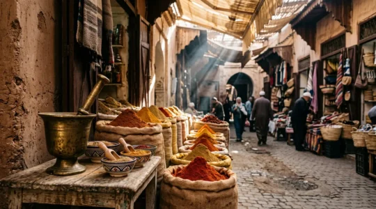 Épices Ras el-Hanout dans un marché marocain traditionnel avec des sacs de poudres colorées