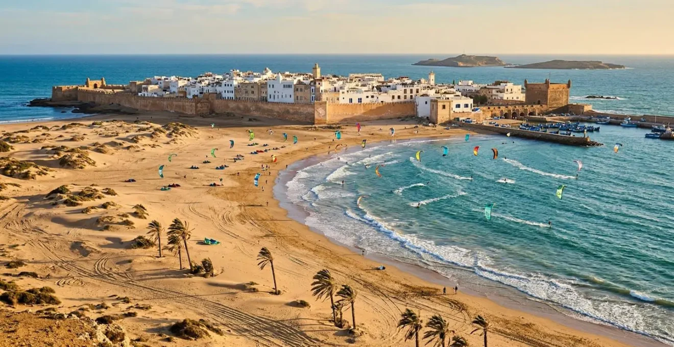 Vue panoramique de la baie d'Essaouira avec des kitesurfeurs évoluant sur l'eau turquoise et les remparts historiques en arrière-plan