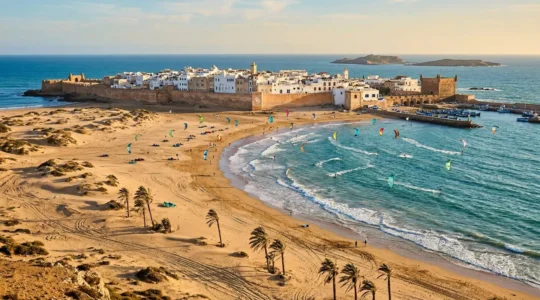 Vue panoramique de la baie d'Essaouira avec des kitesurfeurs évoluant sur l'eau turquoise et les remparts historiques en arrière-plan