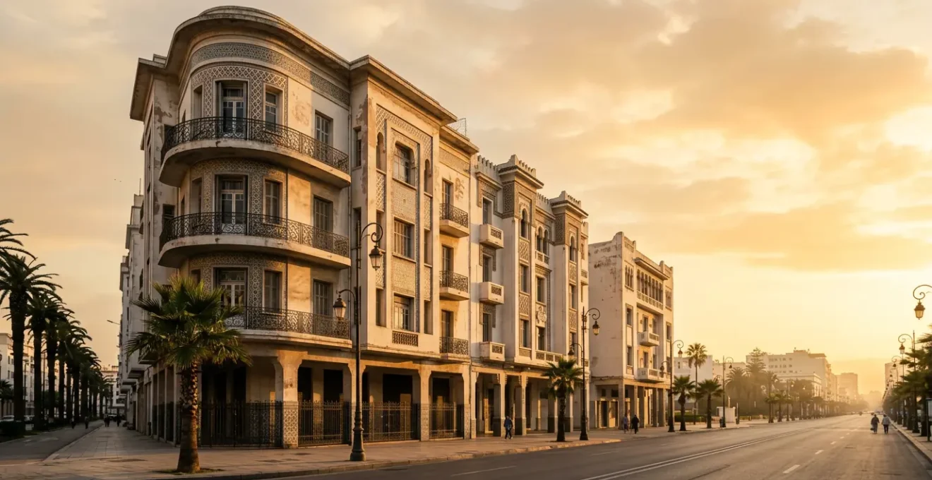 Façades Art Déco géométriques sur le Boulevard Mohammed V à Casablanca avec jeu d'ombres et lumière dorée