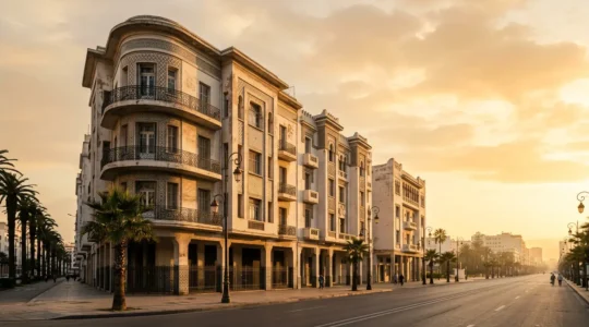 Façades Art Déco géométriques sur le Boulevard Mohammed V à Casablanca avec jeu d'ombres et lumière dorée
