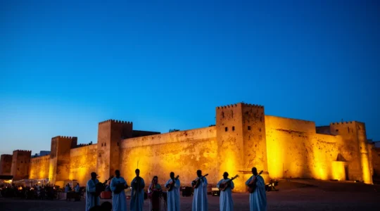 Scène nocturne du festival Gnaoua avec musiciens en transe sous les remparts d'Essaouira