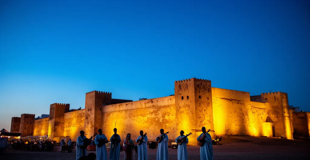Scène nocturne du festival Gnaoua avec musiciens en transe sous les remparts d'Essaouira
