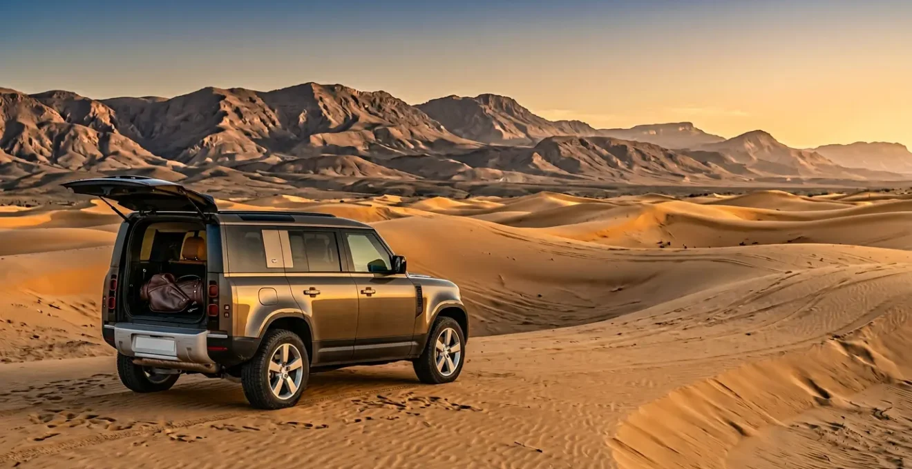 Vue panoramique d'un élégant 4x4 garé sur une dune dorée au premier plan avec des clubs de golf visibles, les montagnes de l'Atlas en arrière-plan