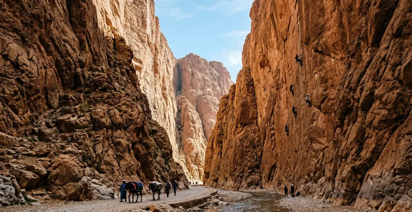 Vue plongeante sur les parois calcaires rougeoyantes des Gorges du Todra avec grimpeurs en perspective
