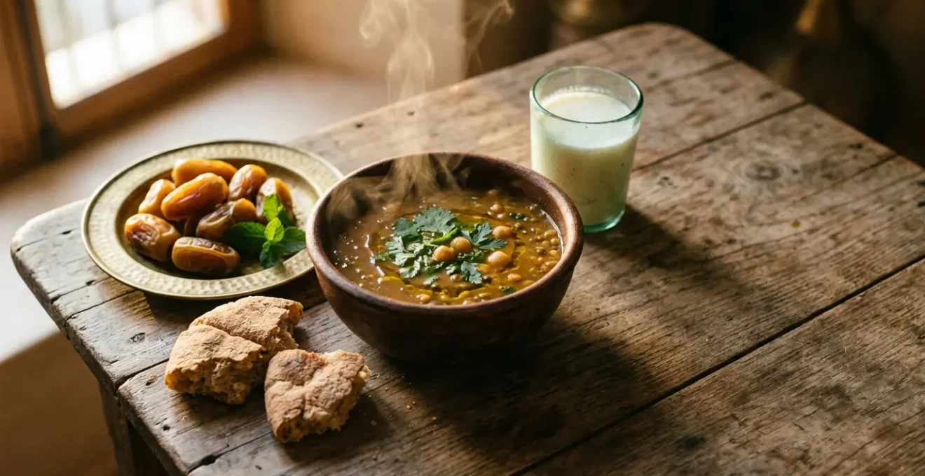 Table d'iftar traditionnelle avec bol de harira fumante, dattes dorées et pain marocain