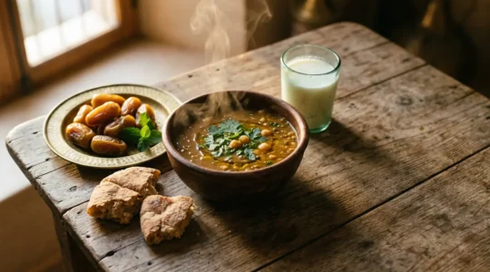 Table d'iftar traditionnelle avec bol de harira fumante, dattes dorées et pain marocain