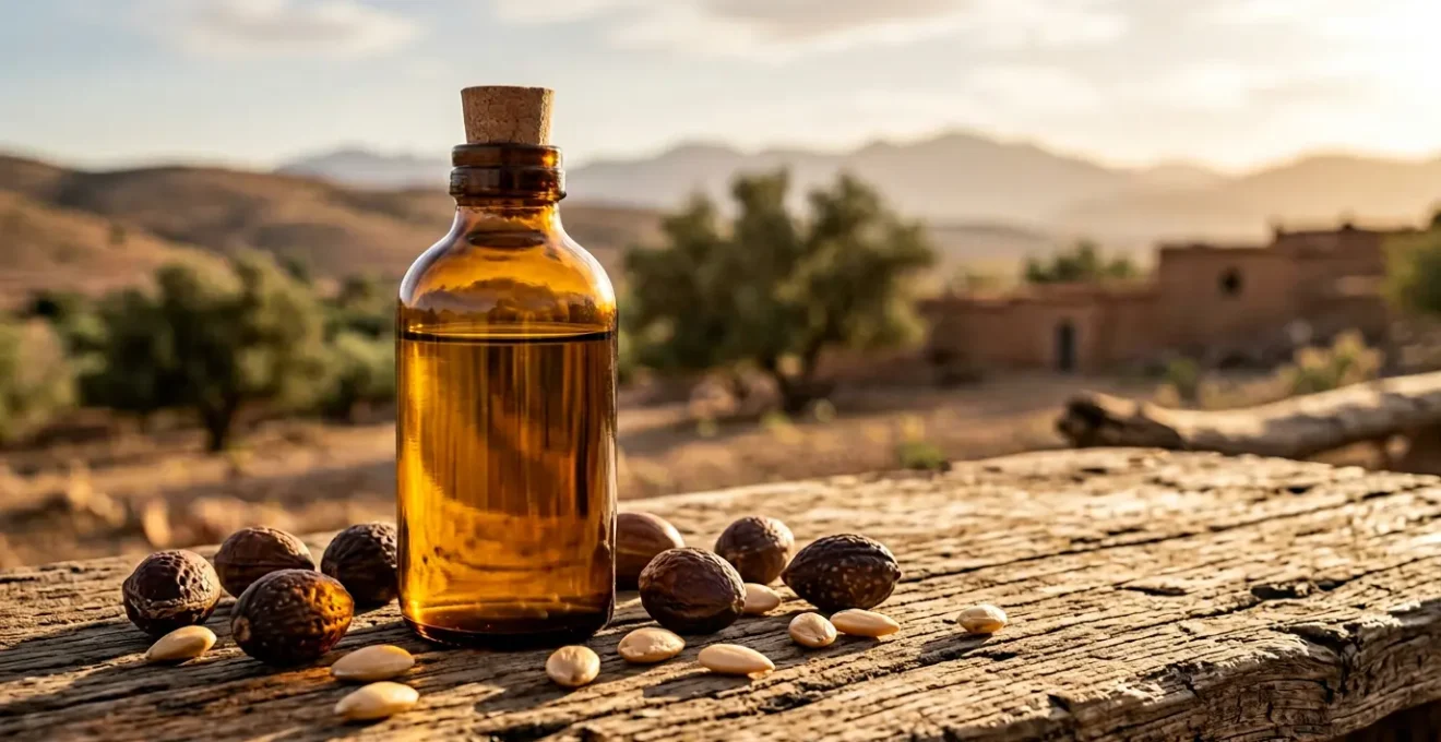 Flacon d'huile d'argan pure dans une lumière dorée naturelle avec des amandons et des noix d'argan