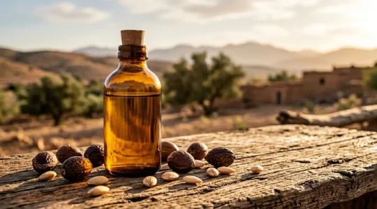 Flacon d'huile d'argan pure dans une lumière dorée naturelle avec des amandons et des noix d'argan