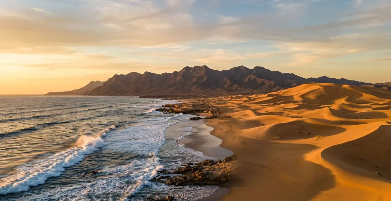 Vue panoramique combinant plage atlantique d'Essaouira et dunes sahariennes en arrière-plan