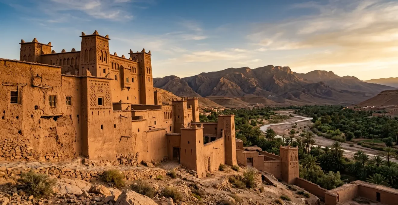 Vue panoramique d'une kasbah authentique en pisé au coucher du soleil dans le sud marocain