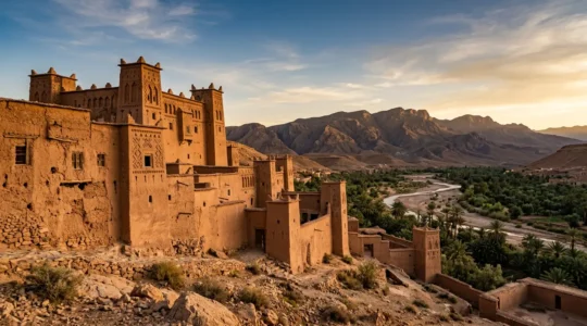 Vue panoramique d'une kasbah authentique en pisé au coucher du soleil dans le sud marocain