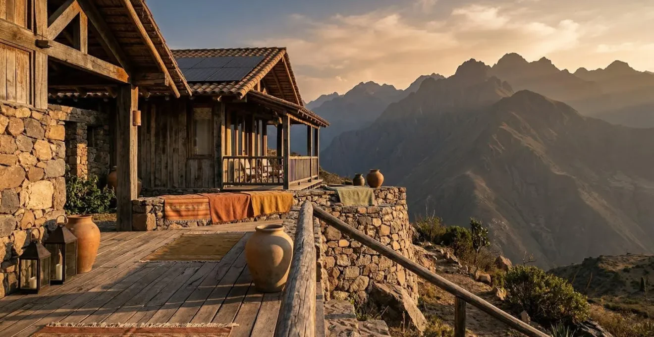 Vue panoramique d'un lodge écologique niché dans les montagnes avec terrasse en bois et panneaux solaires discrets