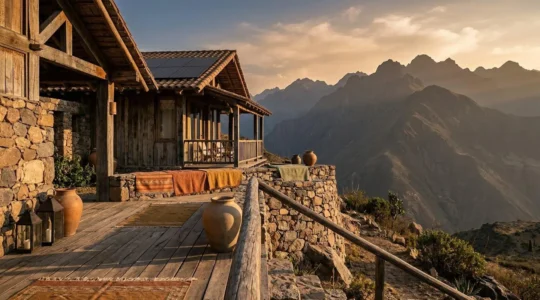 Vue panoramique d'un lodge écologique niché dans les montagnes avec terrasse en bois et panneaux solaires discrets