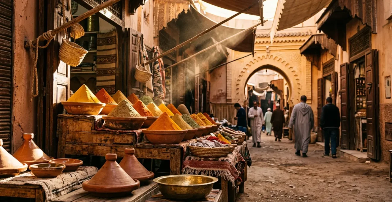 Vue d'un marché traditionnel marocain avec des étals d'épices colorées et des plats de couscous en terre cuite