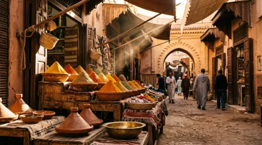 Vue d'un marché traditionnel marocain avec des étals d'épices colorées et des plats de couscous en terre cuite