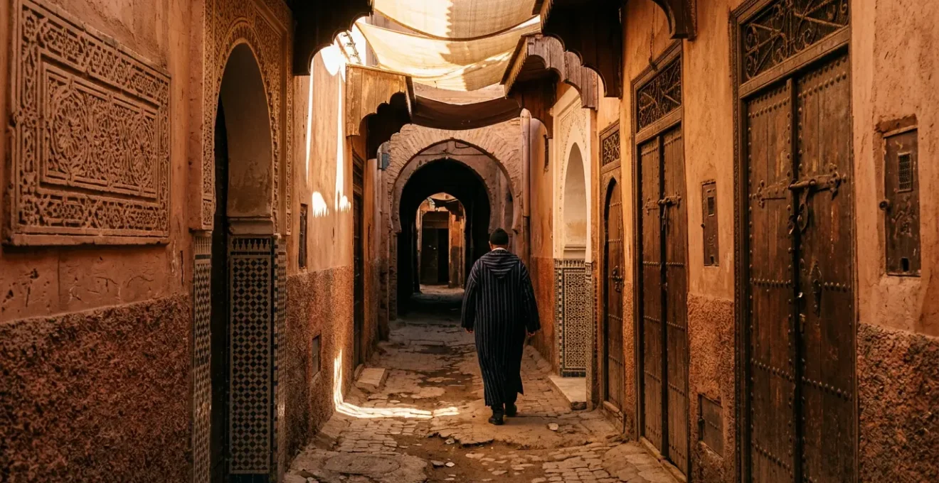 Vue immersive d'une ruelle étroite de la médina de Marrakech baignée de lumière dorée avec architecture traditionnelle
