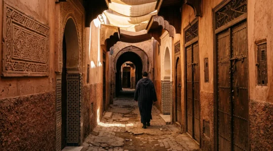 Vue immersive d'une ruelle étroite de la médina de Marrakech baignée de lumière dorée avec architecture traditionnelle