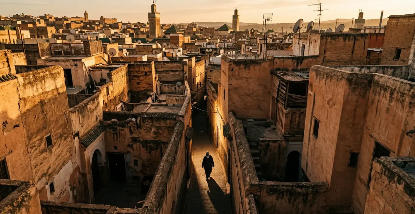 Vue atmosphérique des ruelles étroites de la médina de Fès baignées de lumière dorée
