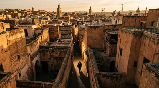 Vue atmosphérique des ruelles étroites de la médina de Fès baignées de lumière dorée