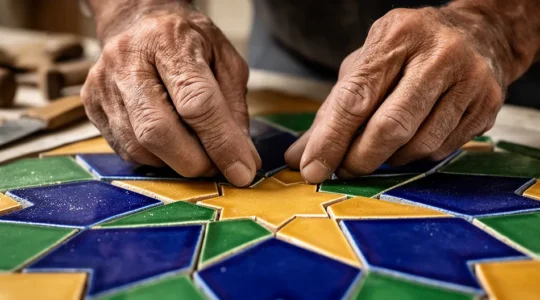 Mains d'artisan travaillant une mosaïque de zellige traditionnelle avec tesselles bleues et vertes