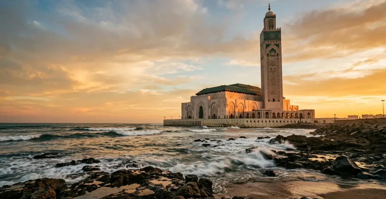Vue majestueuse de la Mosquée Hassan II s'élevant sur l'océan Atlantique au coucher du soleil