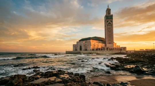 Vue majestueuse de la Mosquée Hassan II s'élevant sur l'océan Atlantique au coucher du soleil