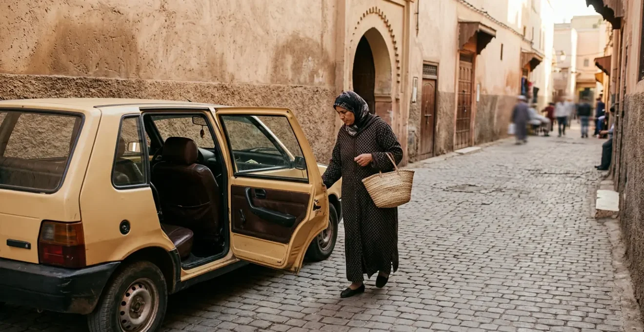 Scène de négociation entre touriste et chauffeur de taxi dans une rue marocaine
