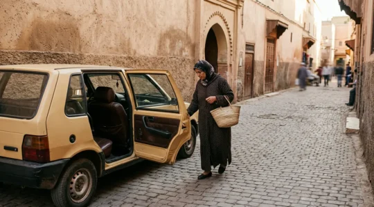 Scène de négociation entre touriste et chauffeur de taxi dans une rue marocaine