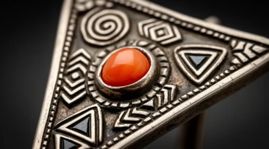Parure berbère traditionnelle en argent avec fibules triangulaires et motifs géométriques caractéristiques de l'Anti-Atlas marocain