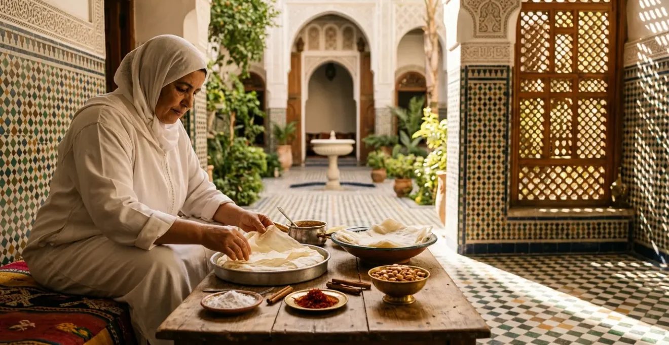Préparation artisanale de la pastilla dans une riad marocaine traditionnelle