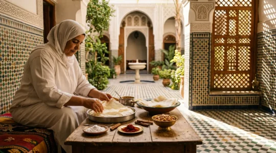 Préparation artisanale de la pastilla dans une riad marocaine traditionnelle