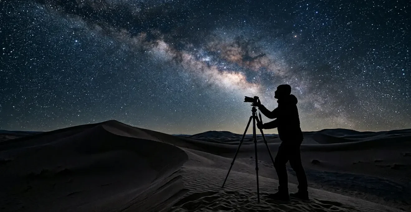 Photographe capturant la Voie Lactée au-dessus des dunes de Merzouga avec un appareil photo sur trépied